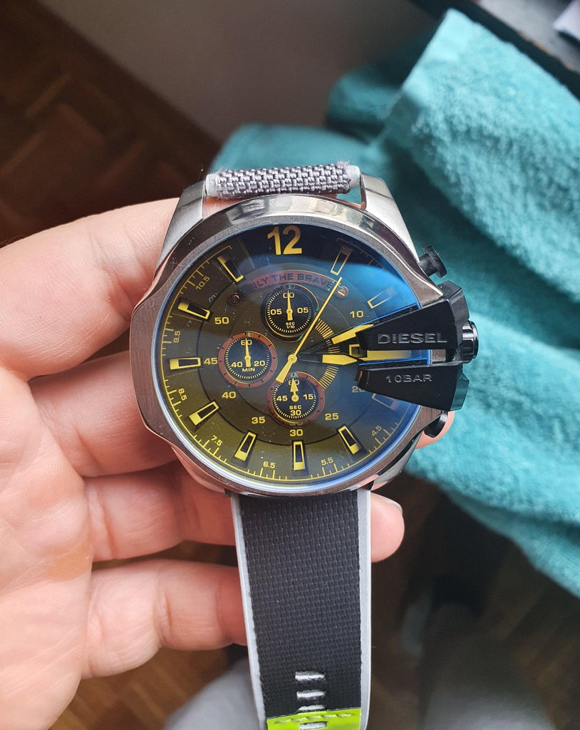 Diesel Mega Chief Chronograph Black Dial Grey Nylon Strap Watch For Men