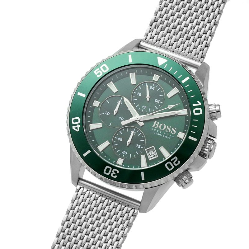 Hugo Boss Admiral Green Dial Silver Mesh Bracelet Watch for Men