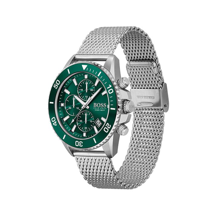 Hugo Boss Admiral Green Dial Silver Mesh Bracelet Watch for Men