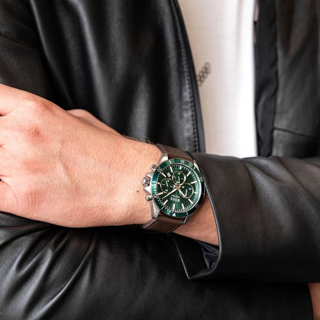 Hugo Boss Troper Chronograph Green Dial Brown Leather Strap Watch For Men