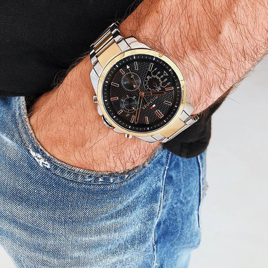 Tommy Hilfiger Decker Chronograph Black Dial Two Tone Steel Strap Watch for Men