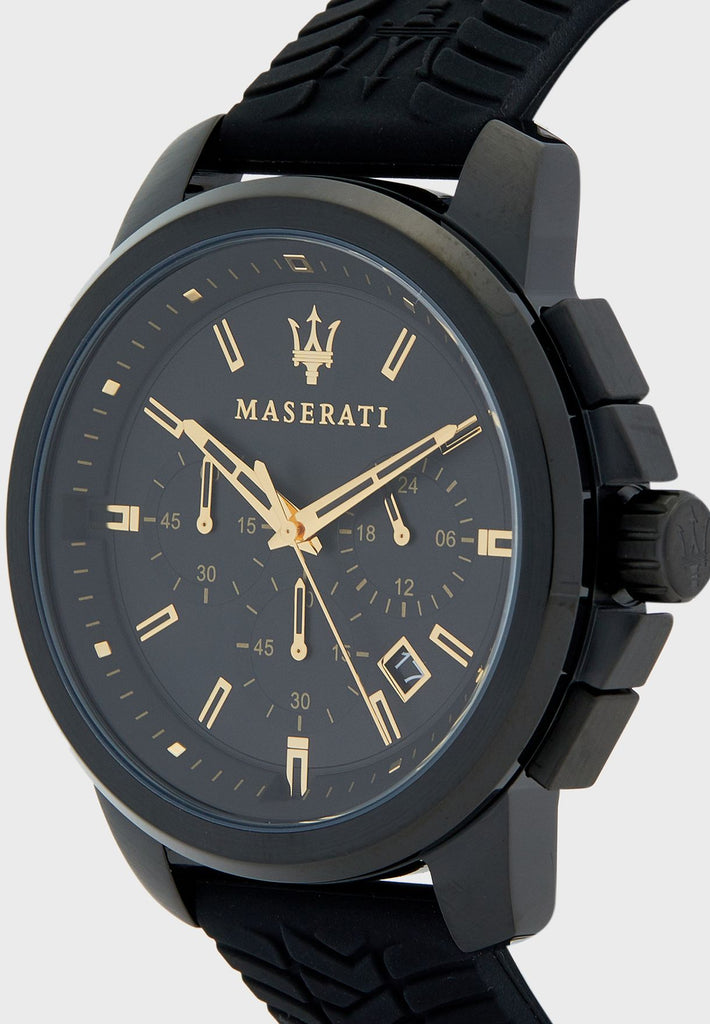 Maserati Successo Black Dial Black Rubber Strap Watch For Men