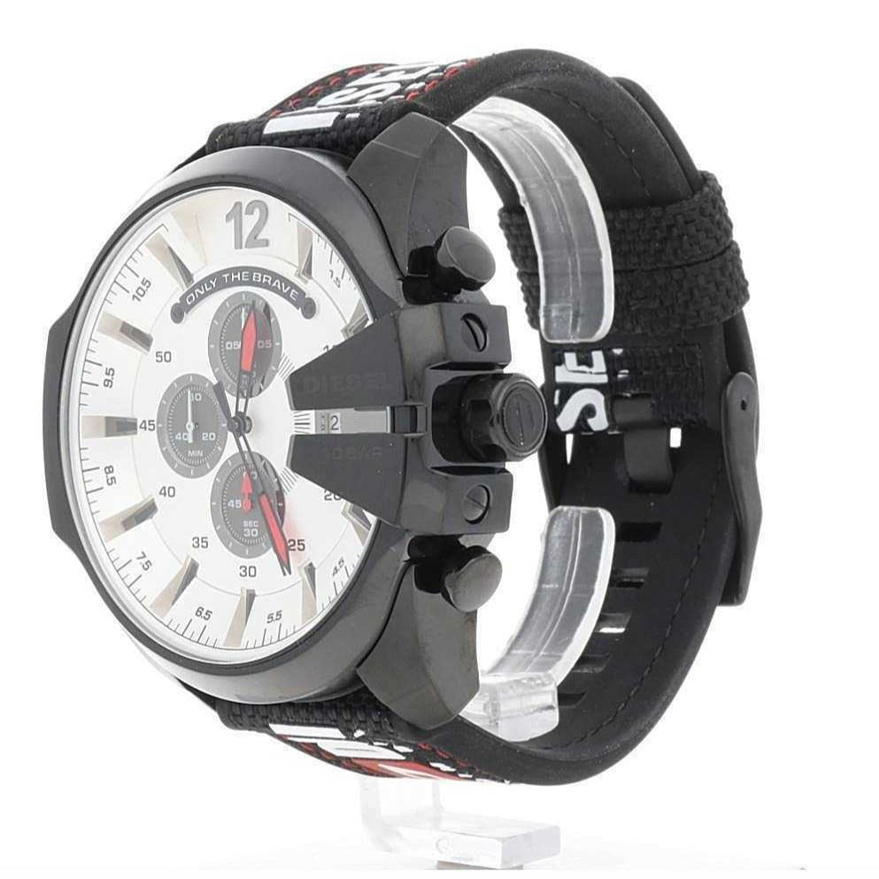 Diesel Mega Chief Chronograph Silver Dial Black Leather Strap Watch For Men