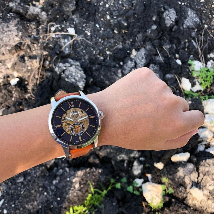 Fossil Townsman Automatic Skeleton Blue Dial Brown Leather Strap Watch for Men