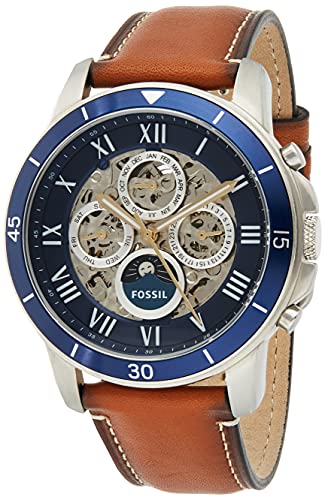 Fossil Grant Sport Automatic Skeleton Blue Dial Brown Leather Strap Watch for Men