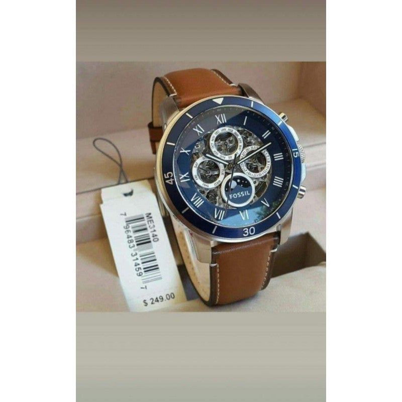 Fossil Grant Sport Automatic Skeleton Blue Dial Brown Leather Strap Watch for Men