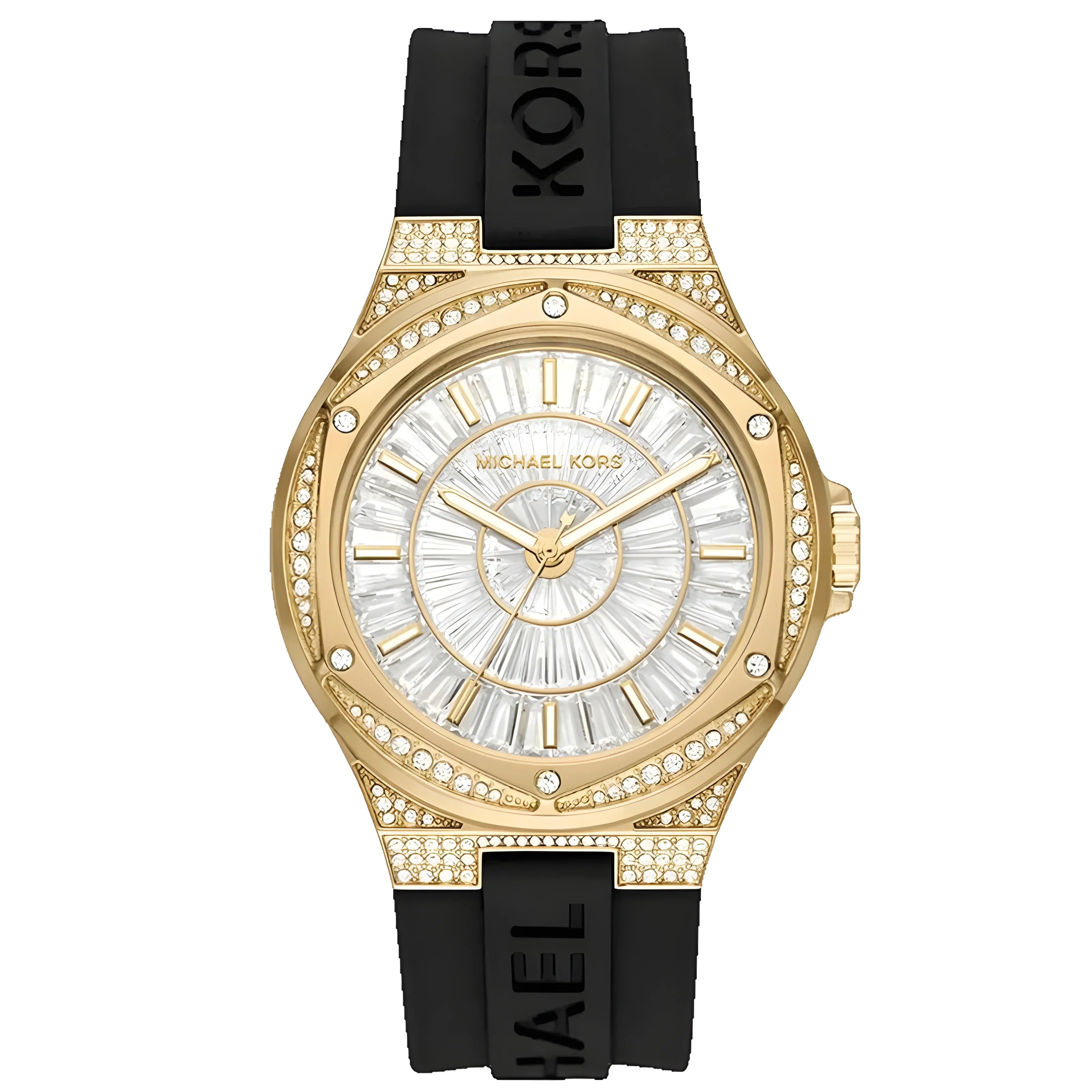 Michael Kors Lennox Three Hand Crystals Silver Dial Black Silicone Strap Watch For Women