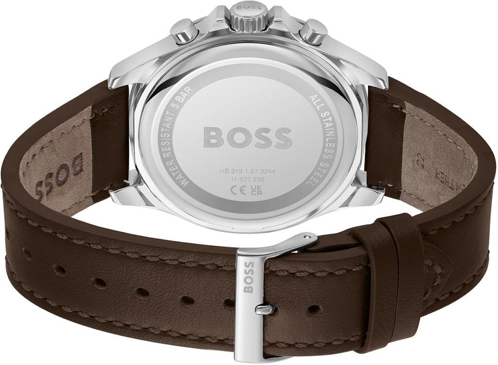 Hugo Boss Troper Chronograph Green Dial Brown Leather Strap Watch For Men