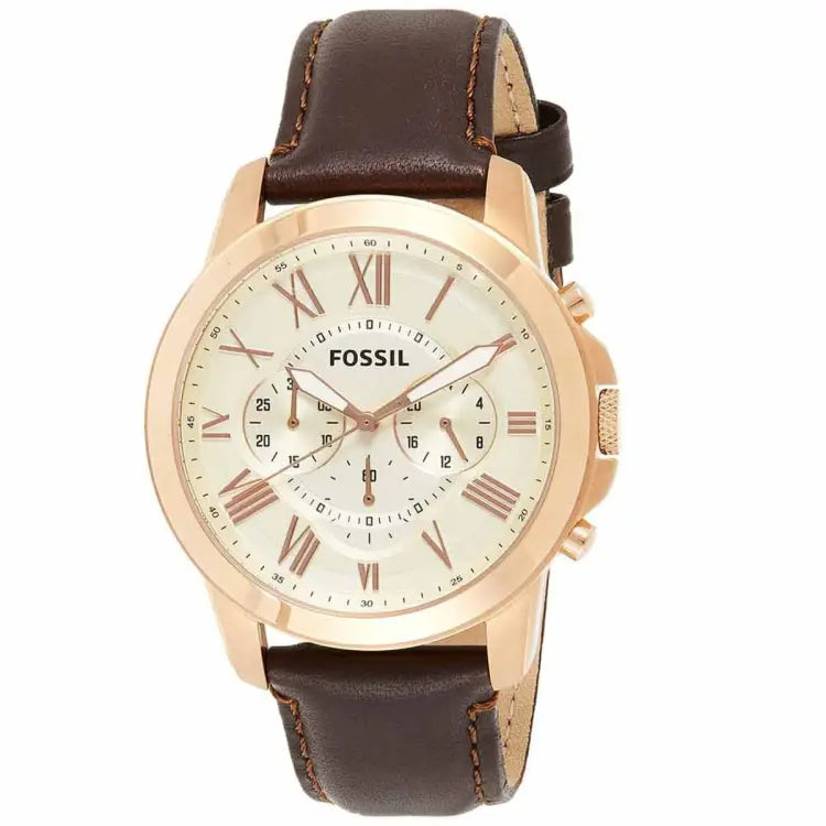 Fossil Grant Chronograph White Dial Brown Leather Strap Watch for Men