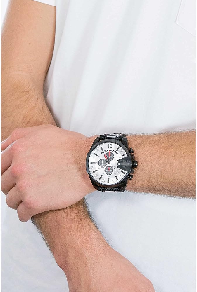 Diesel Mega Chief Chronograph Silver Dial Black Leather Strap Watch For Men