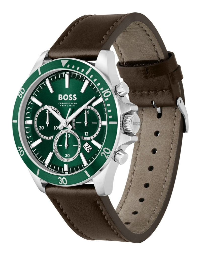 Hugo Boss Troper Chronograph Green Dial Brown Leather Strap Watch For Men