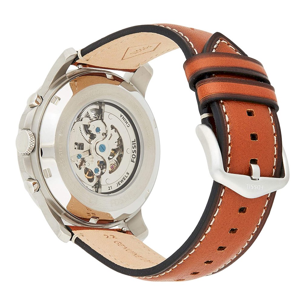 Fossil Grant Sport Automatic Skeleton Blue Dial Brown Leather Strap Watch for Men