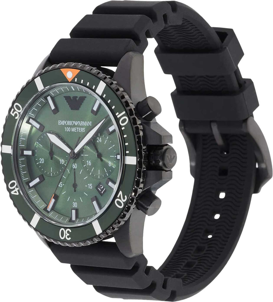 Emporio Armani Diver Chronograph Quartz Green Dial Black Silicon Strap Watch For Men - AR11463