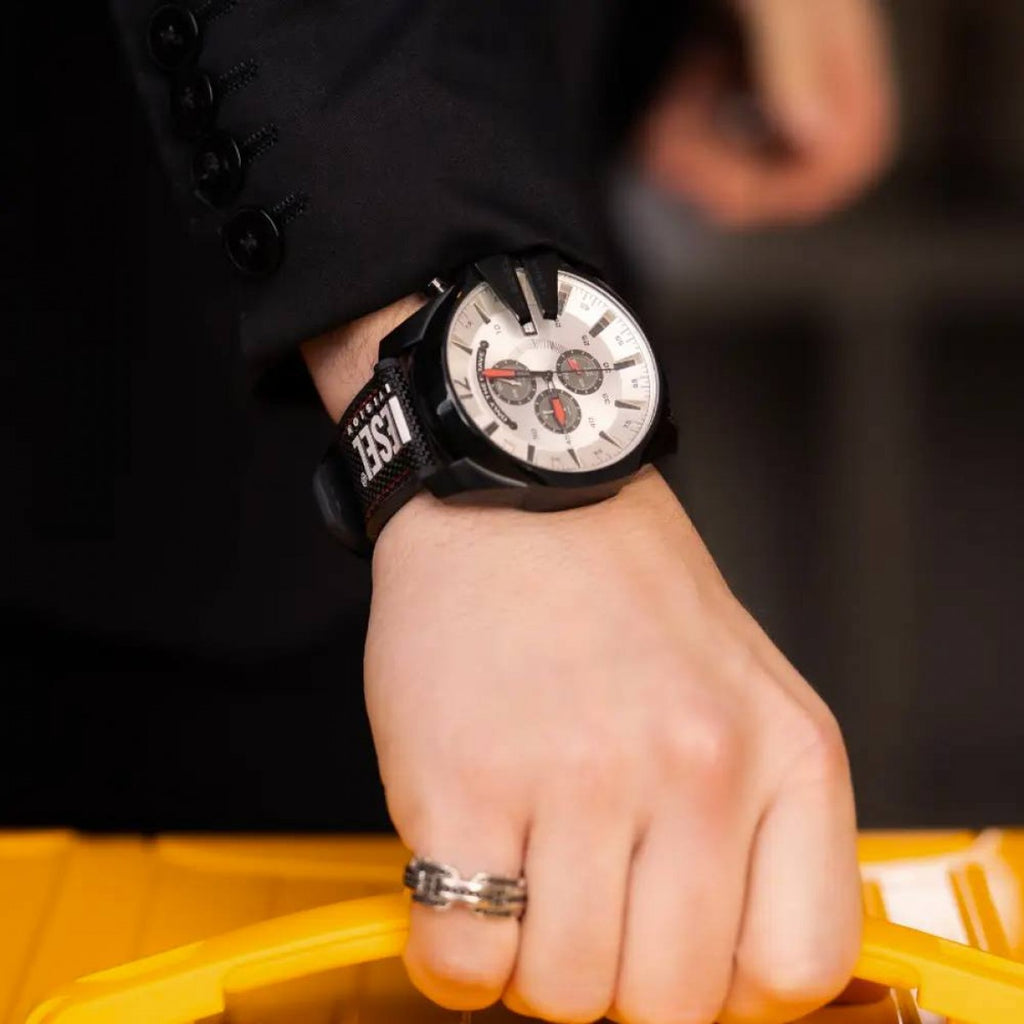 Diesel Mega Chief Chronograph Silver Dial Black Leather Strap Watch For Men