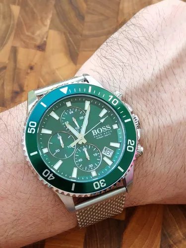 Hugo Boss Admiral Green Dial Silver Mesh Bracelet Watch for Men