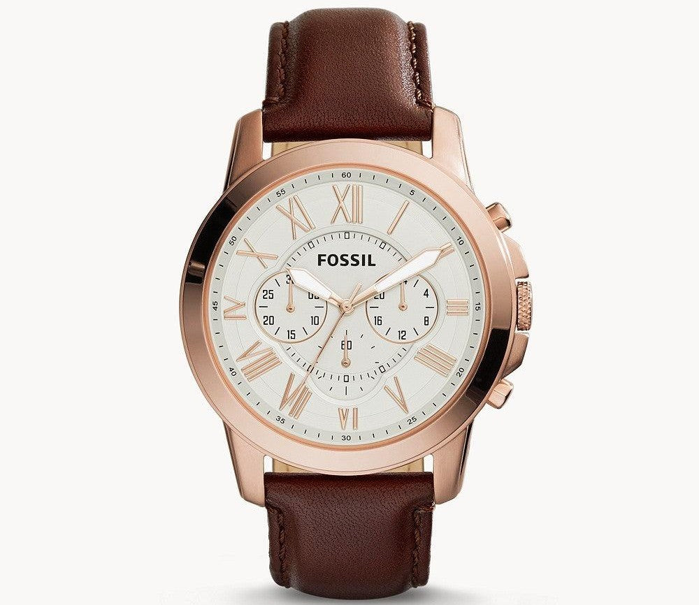 Fossil Grant Chronograph White Dial Brown Leather Strap Watch for Men