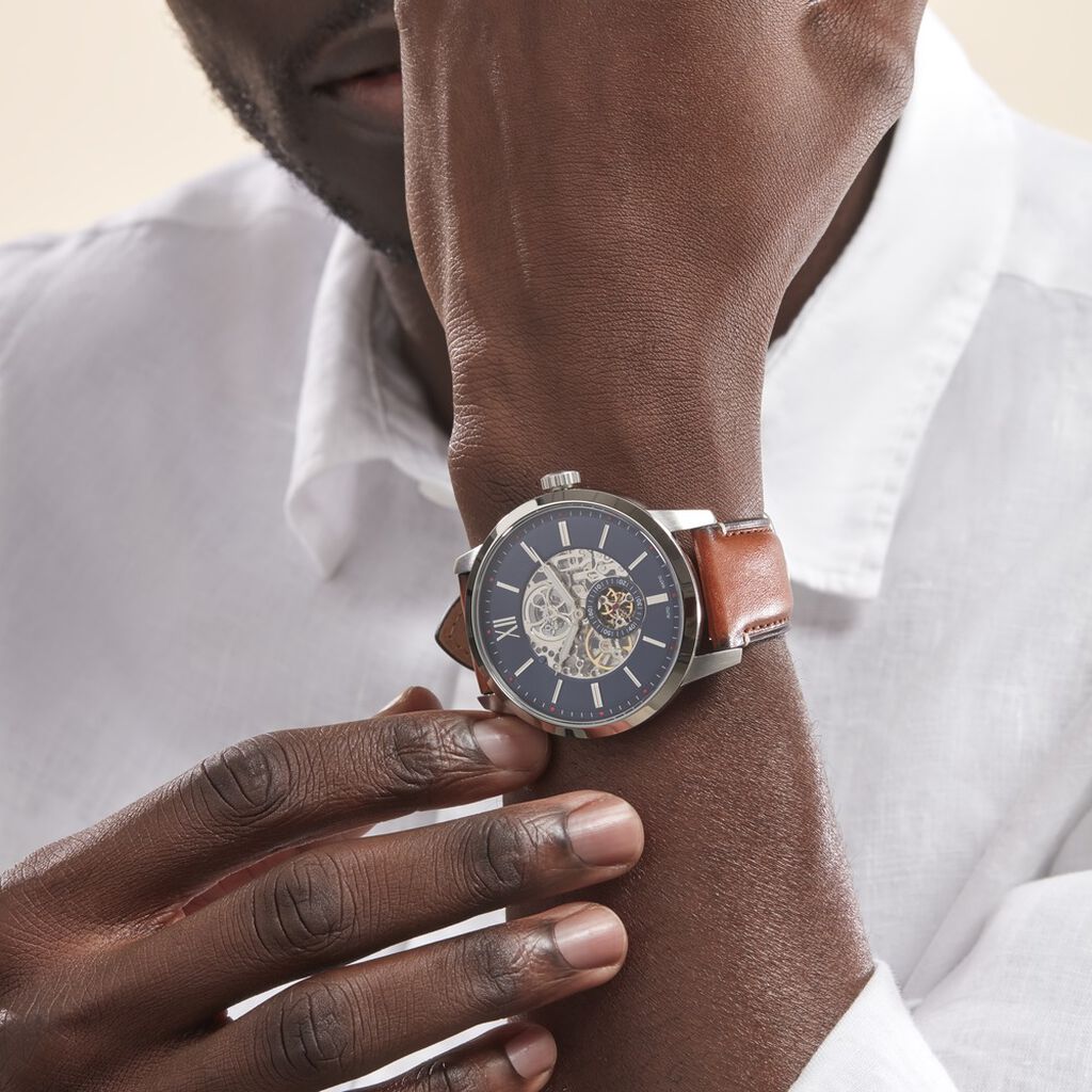 Fossil Townsman Automatic Skeleton Blue Dial Brown Leather Strap Watch for Men