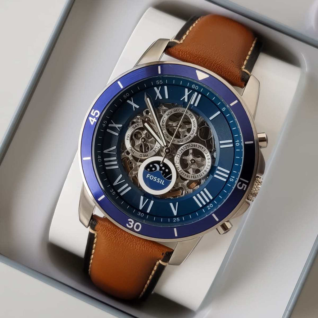 Fossil Grant Sport Automatic Skeleton Blue Dial Brown Leather Strap Watch for Men