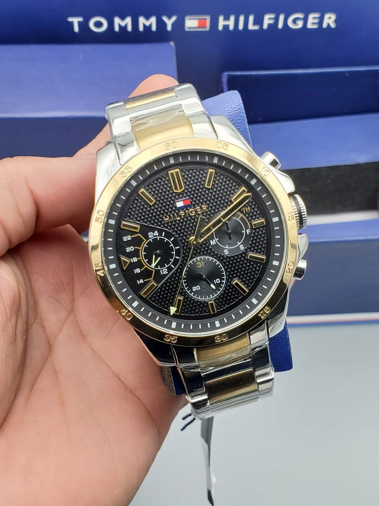 Tommy Hilfiger Decker Chronograph Black Dial Two Tone Steel Strap Watch for Men