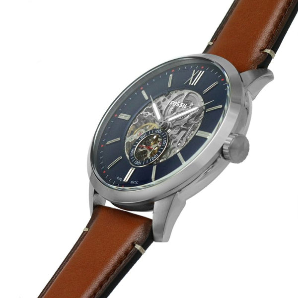 Fossil Townsman Automatic Skeleton Blue Dial Brown Leather Strap Watch for Men