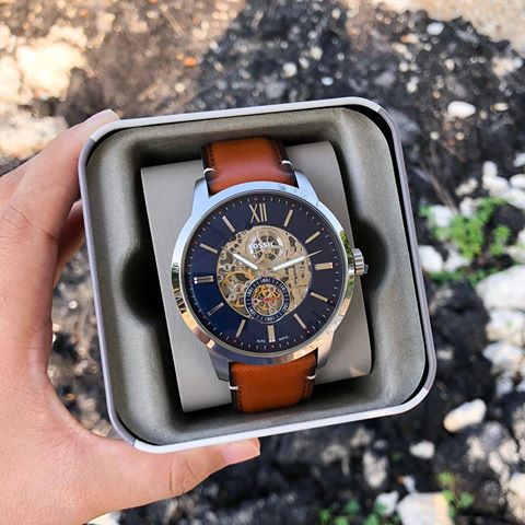Fossil Townsman Automatic Skeleton Blue Dial Brown Leather Strap Watch for Men
