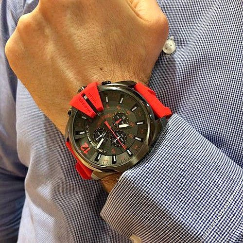 Diesel Mega Chief Chronograph Black Dial Red Silicone Strap Watch For Men