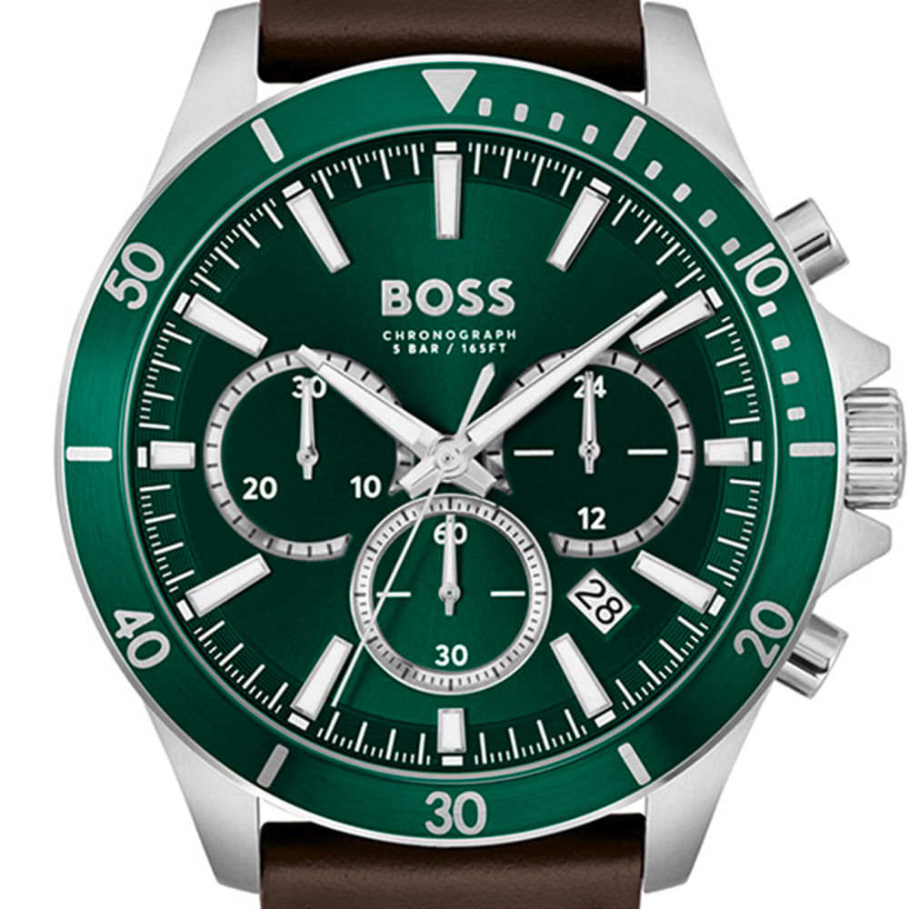 Hugo Boss Troper Chronograph Green Dial Brown Leather Strap Watch For Men