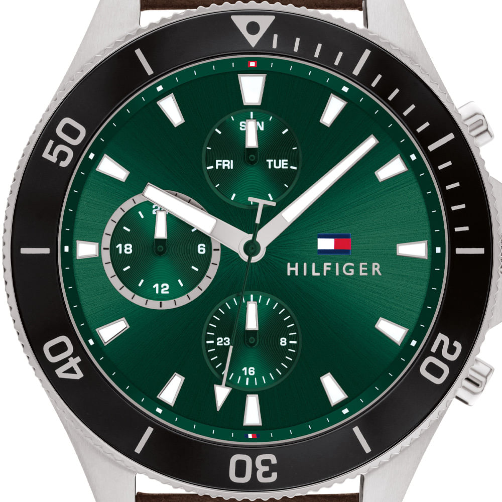 Tommy Hilfiger Men's chronograph watch with Green Dial and brown leather bracelet Larson model 1791983