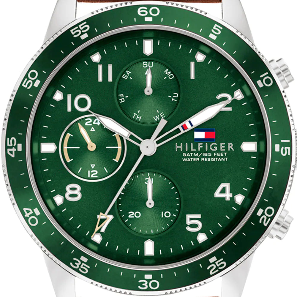 Tommy Hilfiger Jimmy Chronograph Green Dial Brown Leather Strap Watch For Men