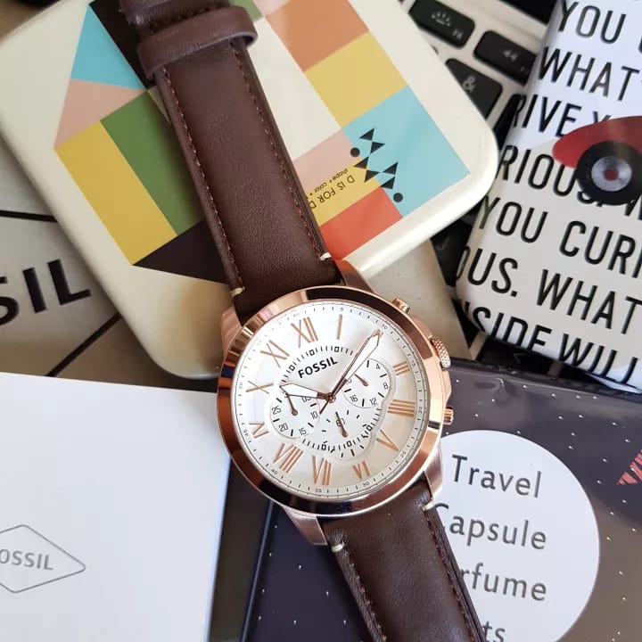 Fossil Grant Chronograph White Dial Brown Leather Strap Watch for Men