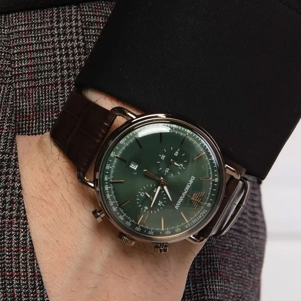 Emporio Armani Brown Leather Strap with Green Dial Men's Watch | Aviator AR11334