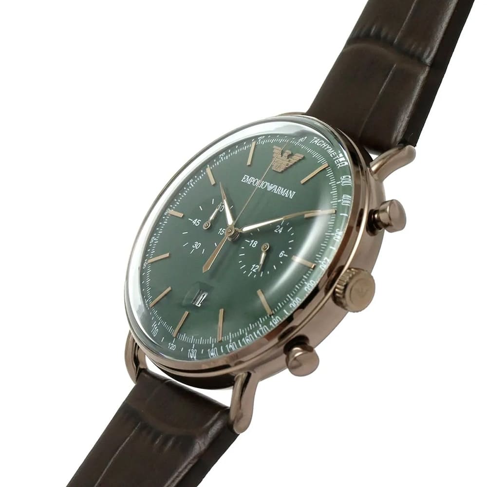 Emporio Armani Brown Leather Strap with Green Dial Men's Watch | Aviator AR11334