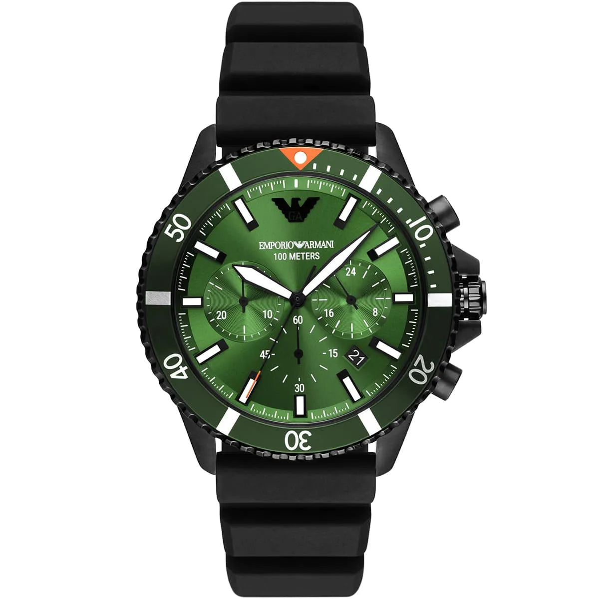Emporio Armani Diver Chronograph Quartz Green Dial Black Silicon Strap Watch For Men - AR11463