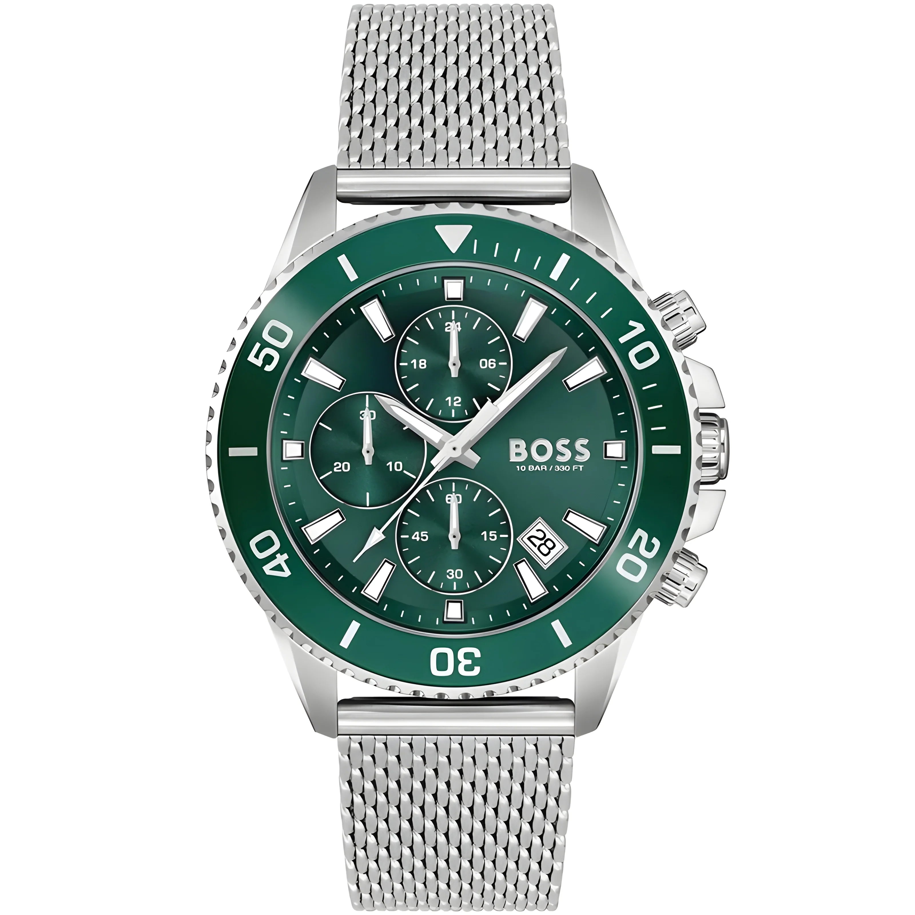Hugo Boss Admiral Green Dial Silver Mesh Bracelet Watch for Men