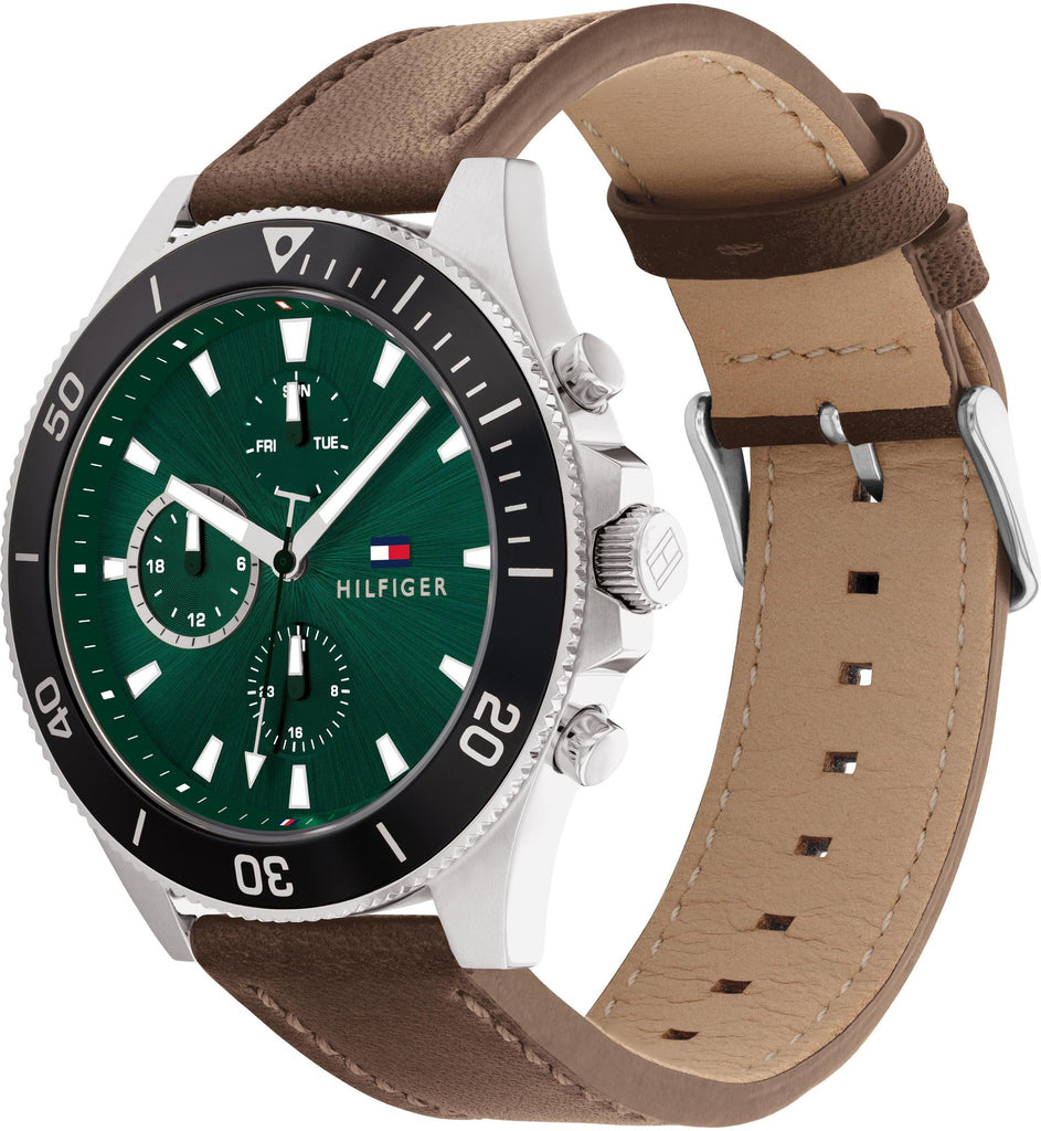 Tommy Hilfiger Men's chronograph watch with Green Dial and brown leather bracelet Larson model 1791983