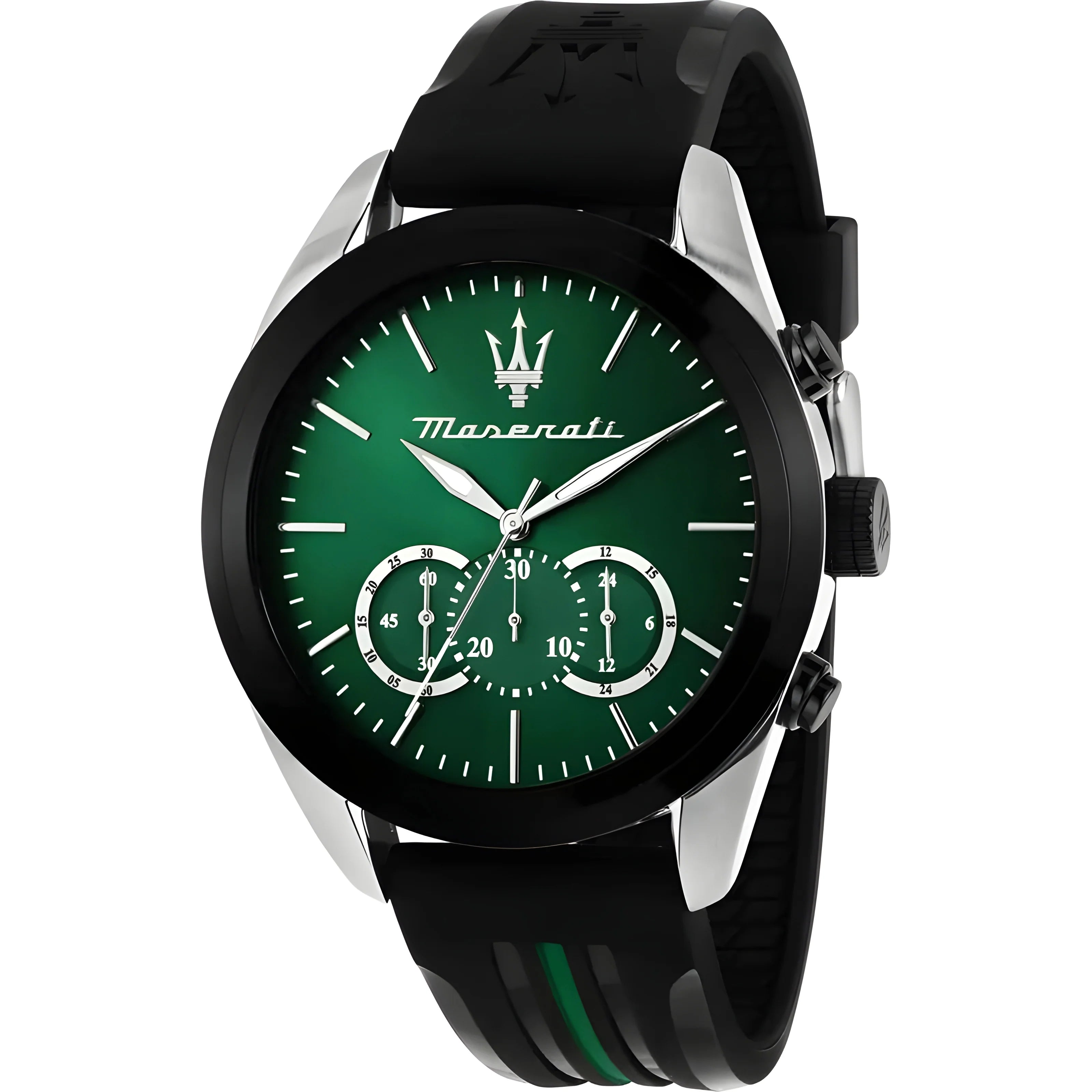 Maserati Traguardo Chronograph Green Dial Black Silicone Strap Watch For Men