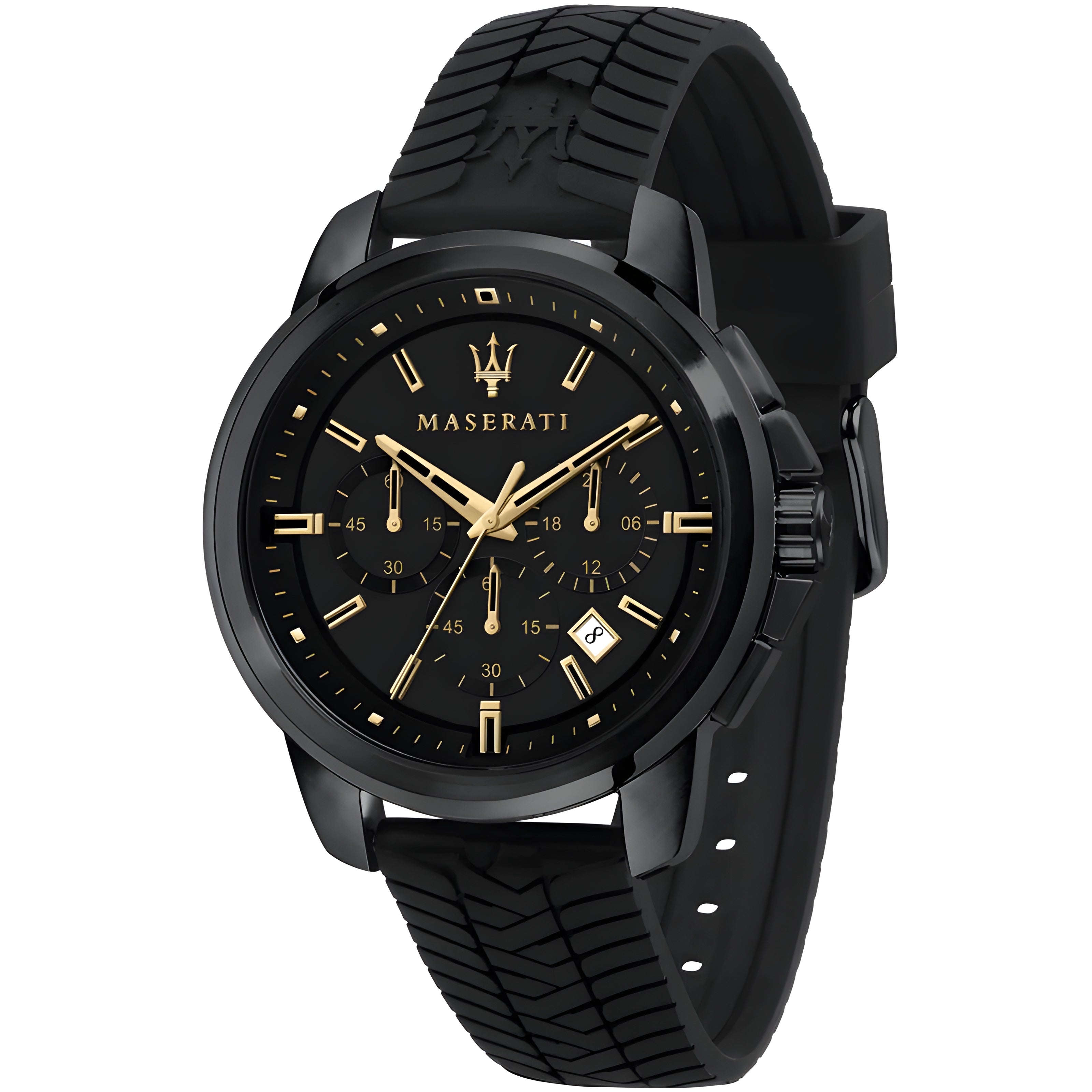 Maserati Successo Black Dial Black Rubber Strap Watch For Men