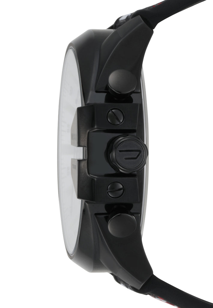 Diesel Mega Chief Chronograph Silver Dial Black Leather Strap Watch For Men