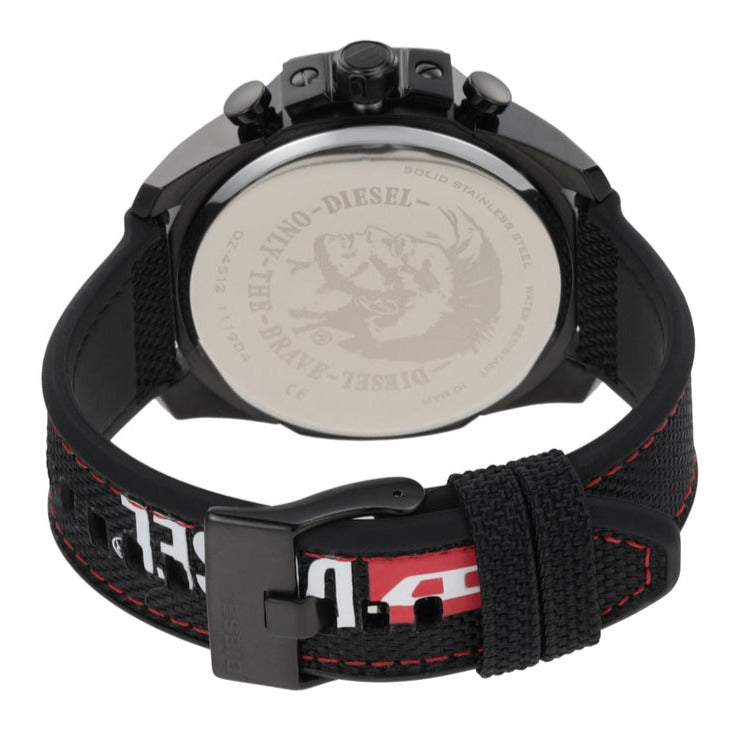 Diesel Mega Chief Chronograph Silver Dial Black Leather Strap Watch For Men