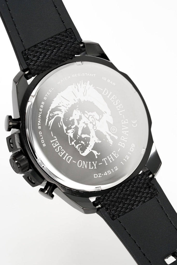 Diesel Mega Chief Chronograph Silver Dial Black Leather Strap Watch For Men