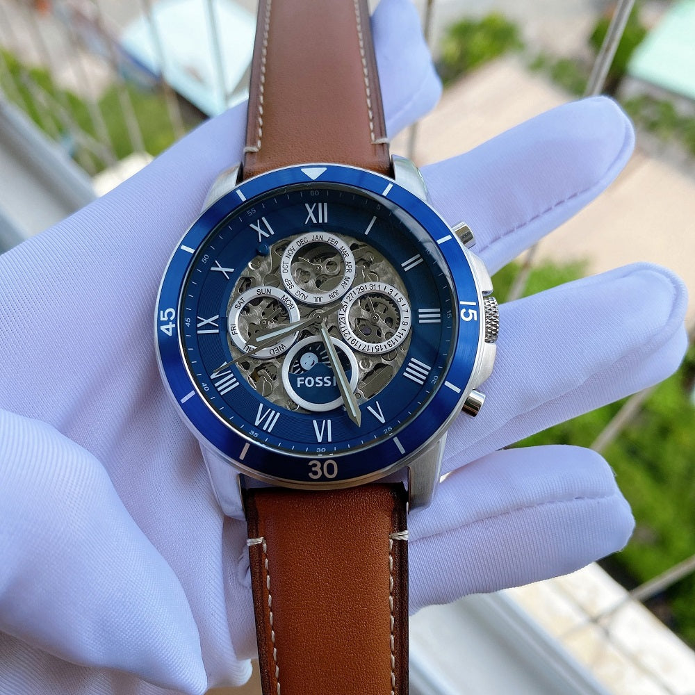 Fossil Grant Sport Automatic Skeleton Blue Dial Brown Leather Strap Watch for Men