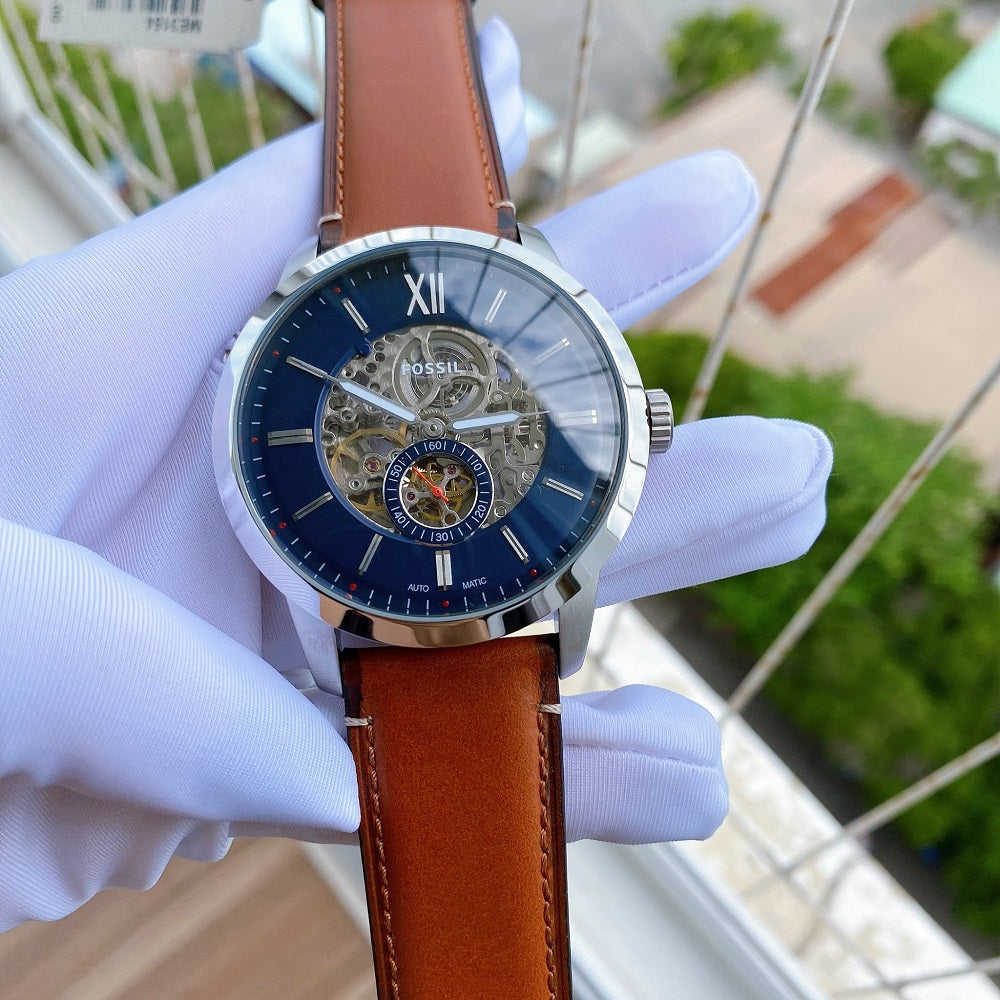 Fossil Townsman Automatic Skeleton Blue Dial Brown Leather Strap Watch for Men