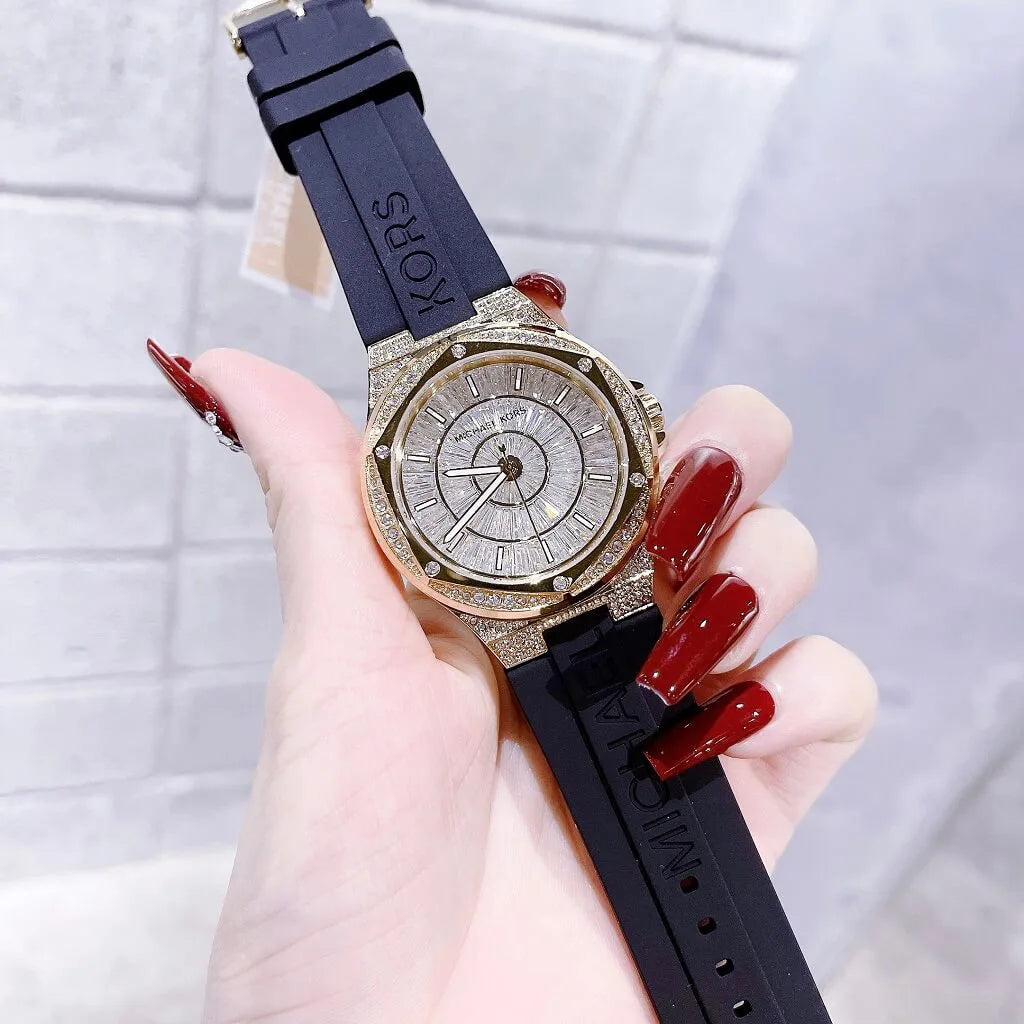 Michael Kors Lennox Three Hand Crystals Silver Dial Black Silicone Strap Watch For Women