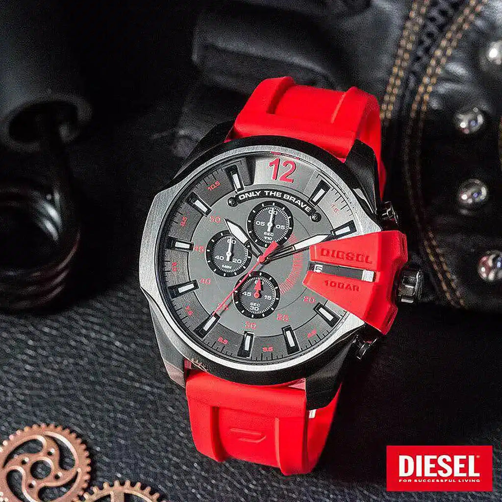 Diesel Mega Chief Chronograph Black Dial Red Silicone Strap Watch For Men