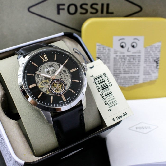 Fossil Townsman Skeleton Black Dial Black Leather Strap Watch for Men