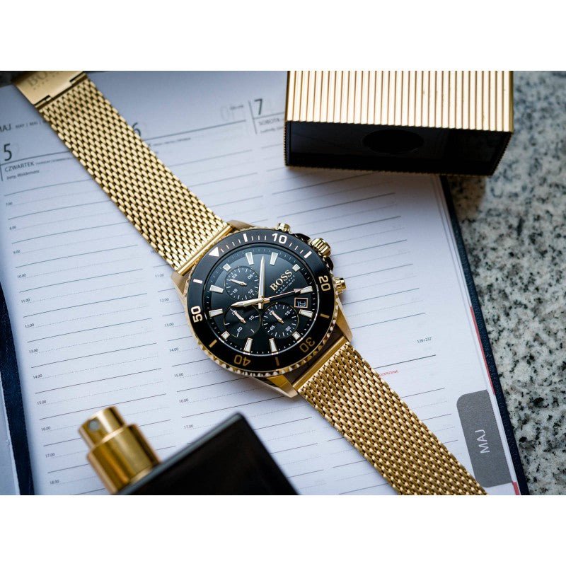 Hugo Boss Admiral Chronograph Black Dial Gold Mesh Bracelet Watch for Men