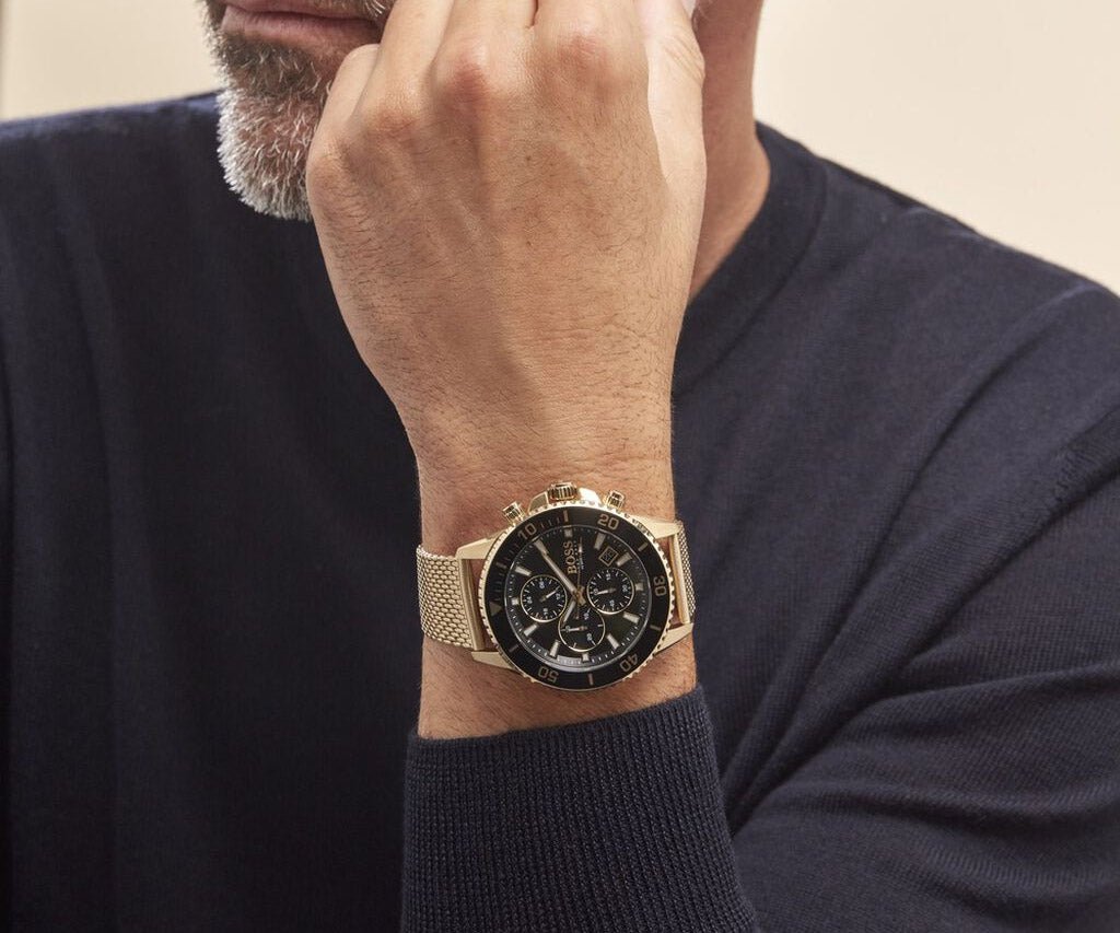 Hugo Boss Admiral Chronograph Black Dial Gold Mesh Bracelet Watch for Men