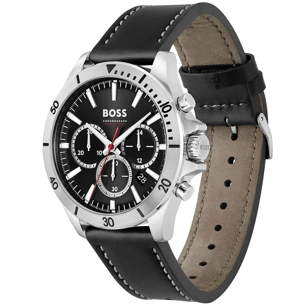 Hugo Boss Troper Chronograph Black Dial Black Leather Strap Watch for Men