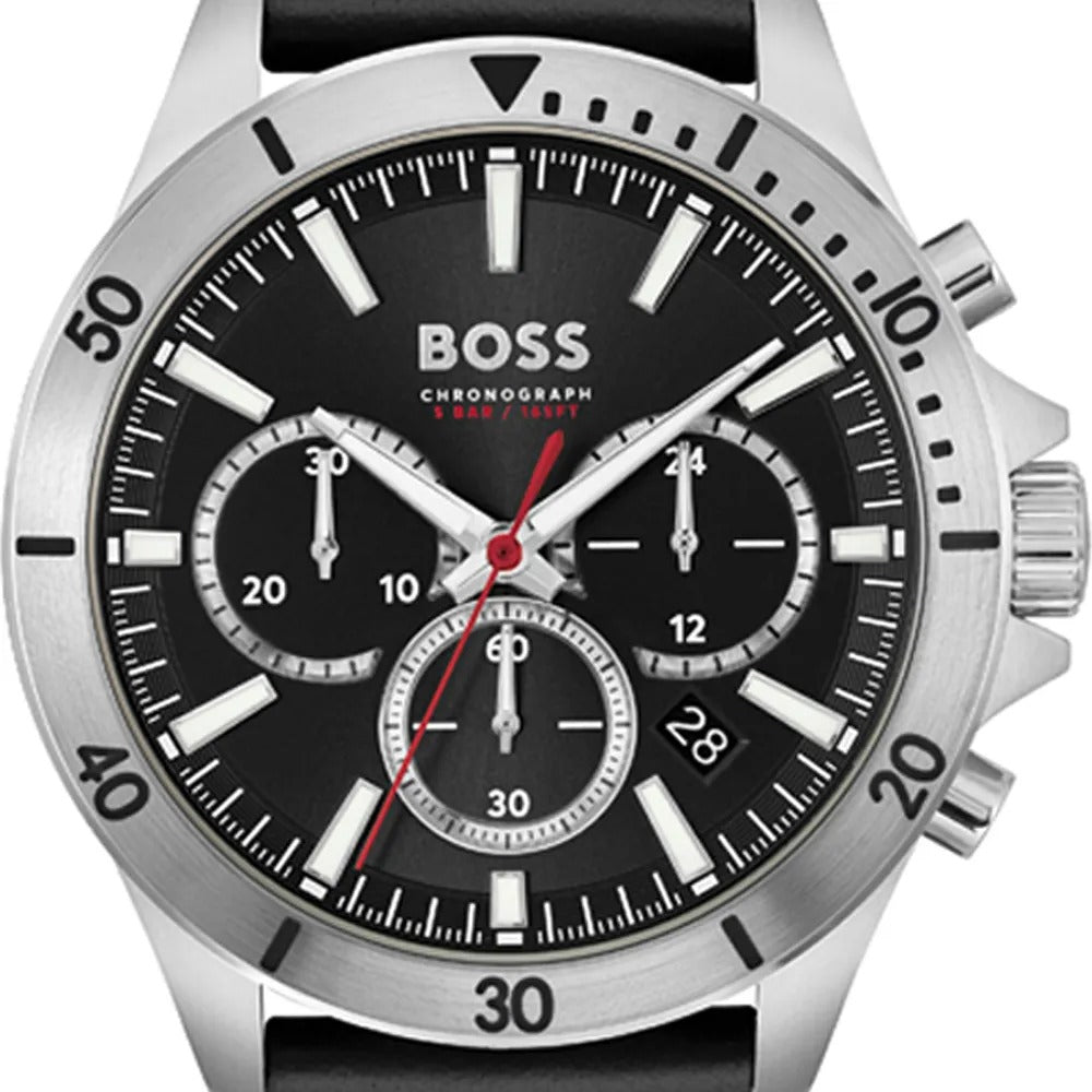Hugo Boss Troper Chronograph Black Dial Black Leather Strap Watch for Men