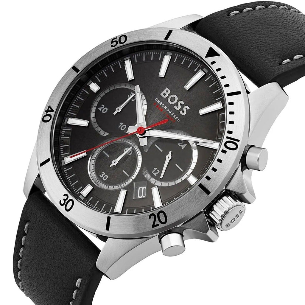 Hugo Boss Troper Chronograph Black Dial Black Leather Strap Watch for Men